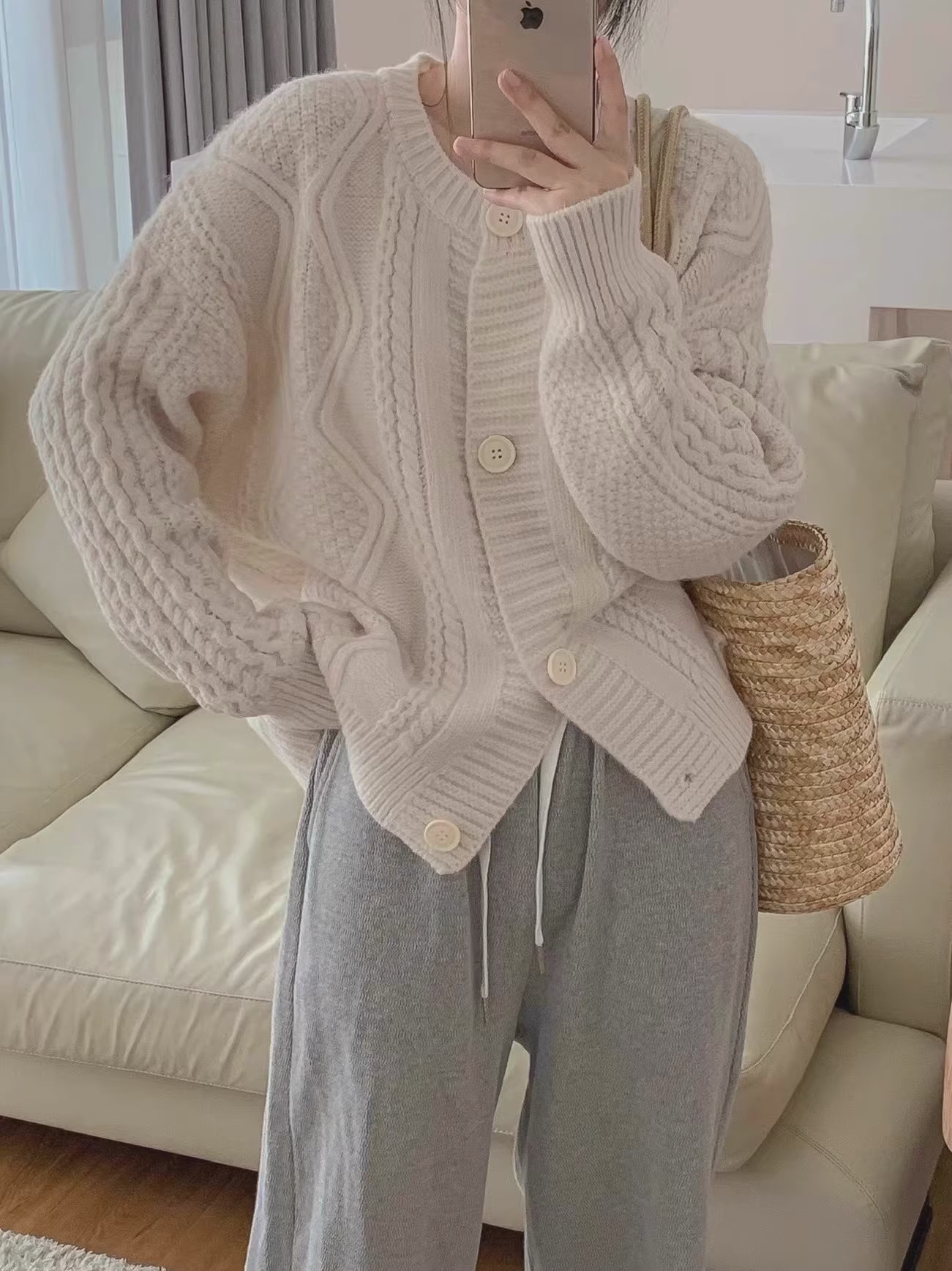 Cable Knit Round Neck Cardigan (7 Colors)