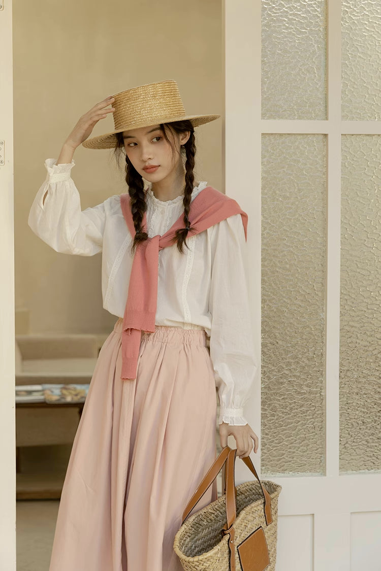 Ruffle Broderie Trim Blouse (White)