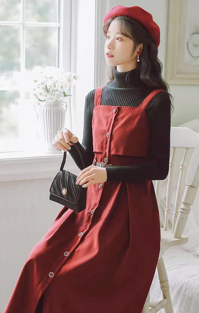 Suede Button Up Cami Pinafore Dress (4 Colors)