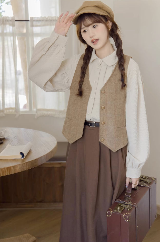 Waffle Puff Sleeve Blouse (Milk Tea)