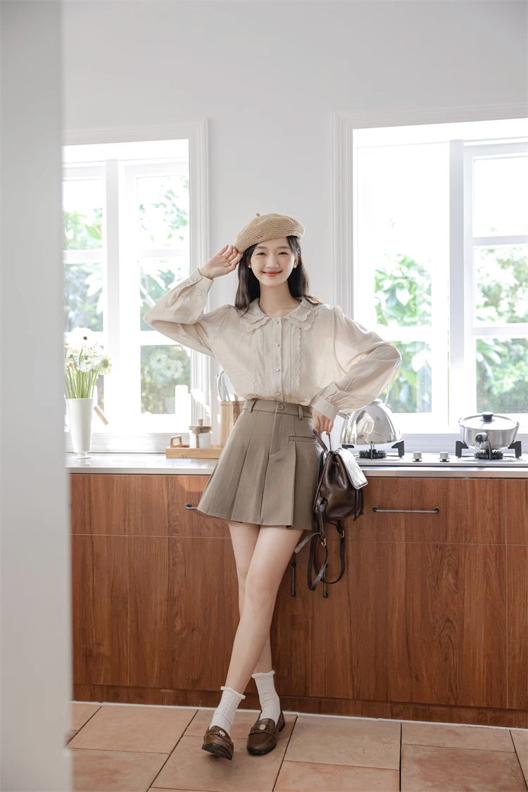 Scallop Trim Blouse (Light Khaki)