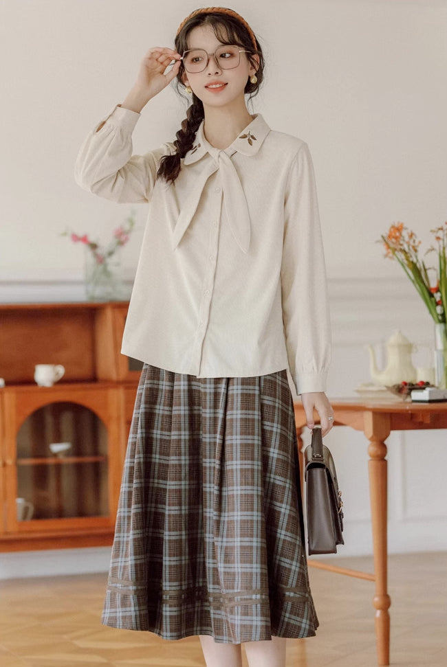 Leafy Corduroy Tie-Neck Blouse (Cream)