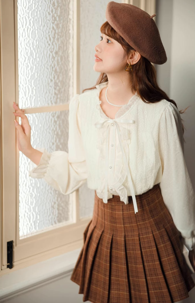 Ruffle Trim Tie Neck Blouse (Cream)