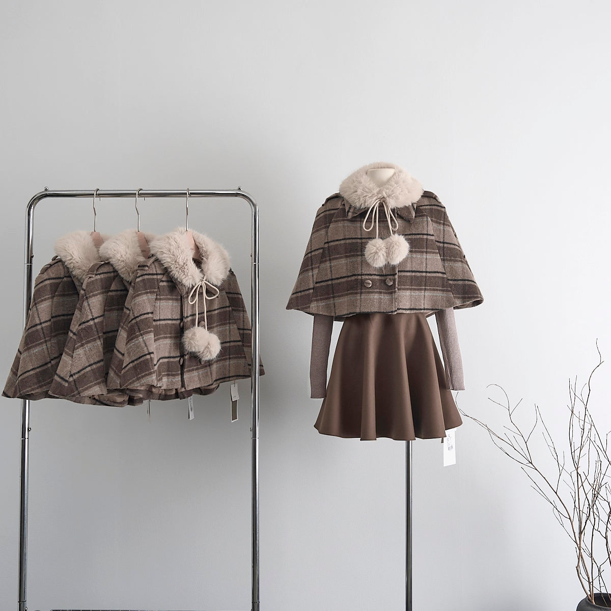 Mint Cocoa Plaid Capelet & Dress Set (Khaki)