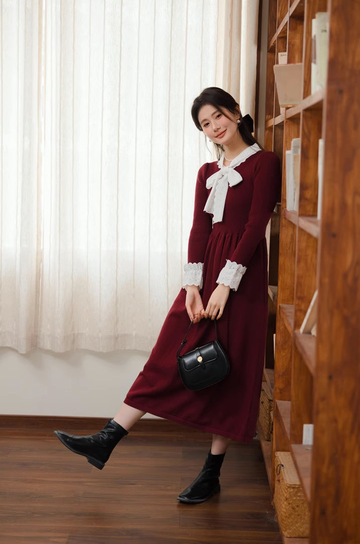Lace Trim Sweater Midi Dress (2 Colors)