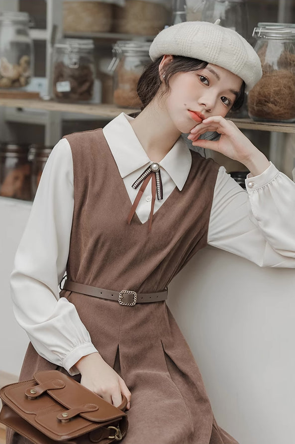 Basic Twofer Pinafore Dress (Brown)