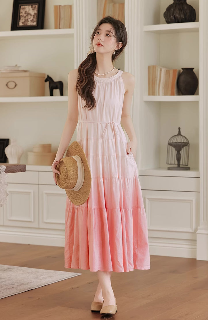 Ombre Halter Trapeze Midi Dress (Pink)