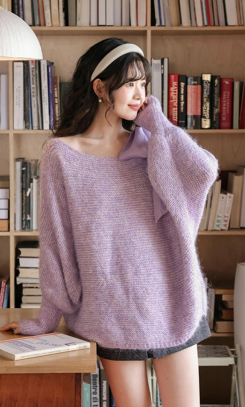 Sequin Off Shoulder Bow Sweater (4 Colors)