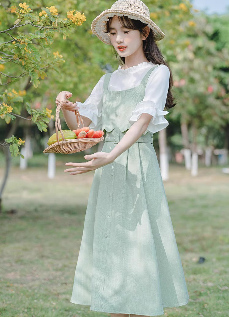 Button Stripe Midi Dress (Green)