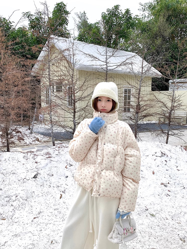 Ditsy Floral Puffer Jacket (Cream/Pink)