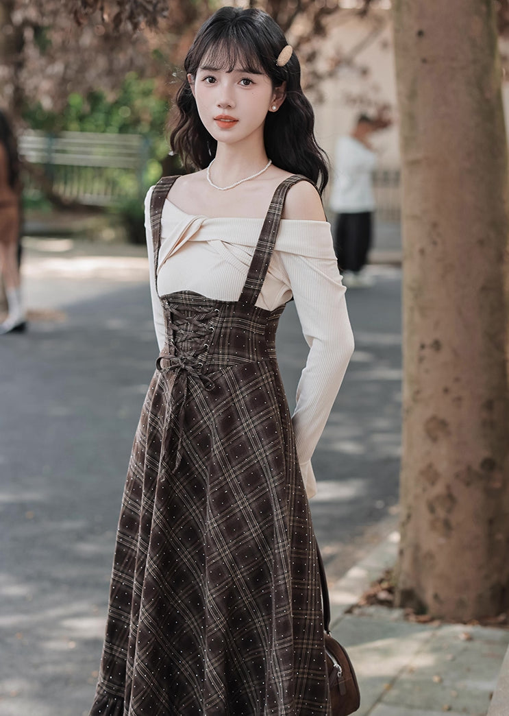 Snowy Plaid Twofer Suspender Midi Dress (Cream/Brown)
