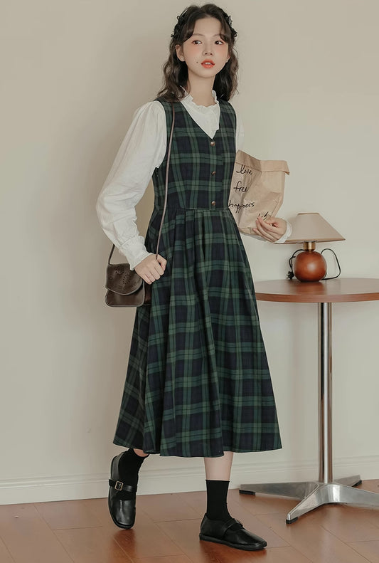 Cambridge Plaid Pinafore Dress (Green/Navy)