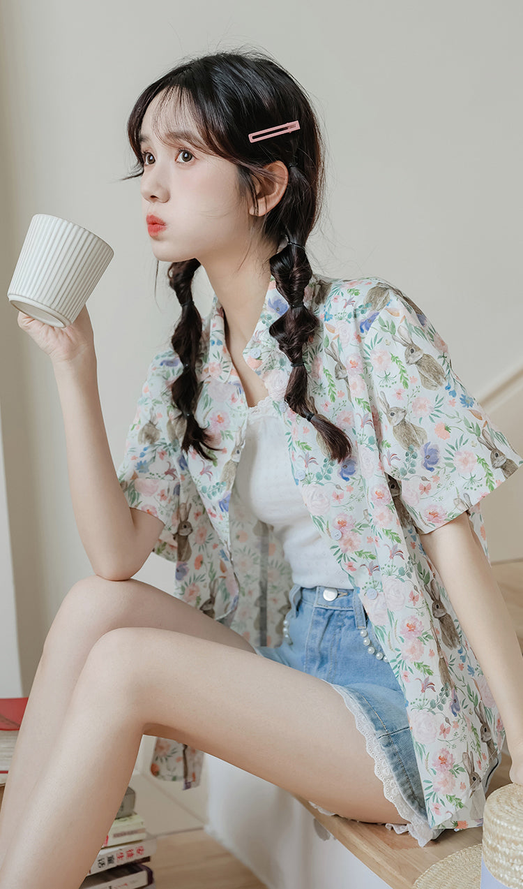 Rabbit Garden Button Up Shirt (White)