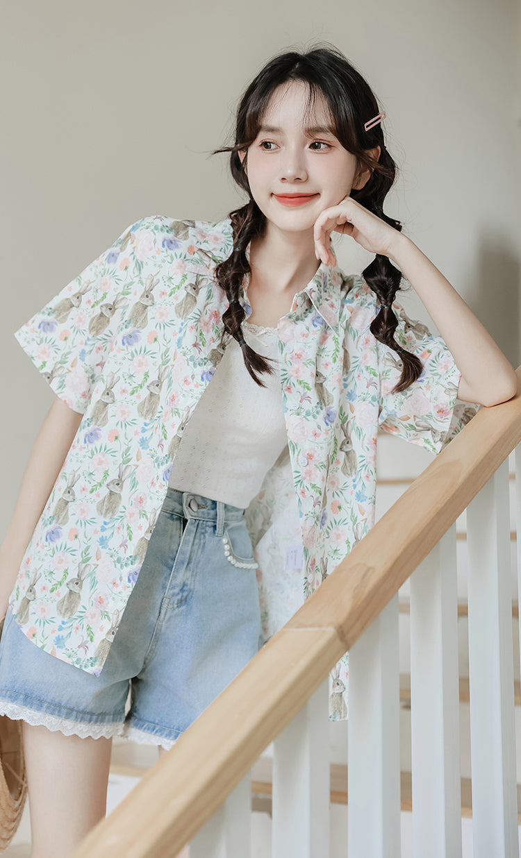 Rabbit Garden Button Up Shirt (White)
