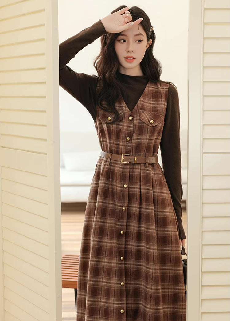 Ginger Plaid Pinafore Midi Dress (2 Colors)