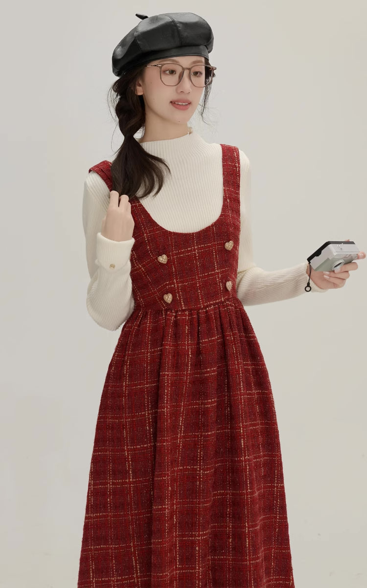 Sweet Apple Pie Plaid Pinafore Dress (Red)