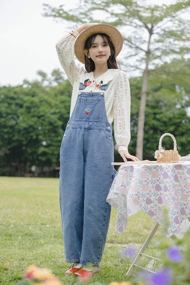 Cherry Denim Overalls (Medium Blue)