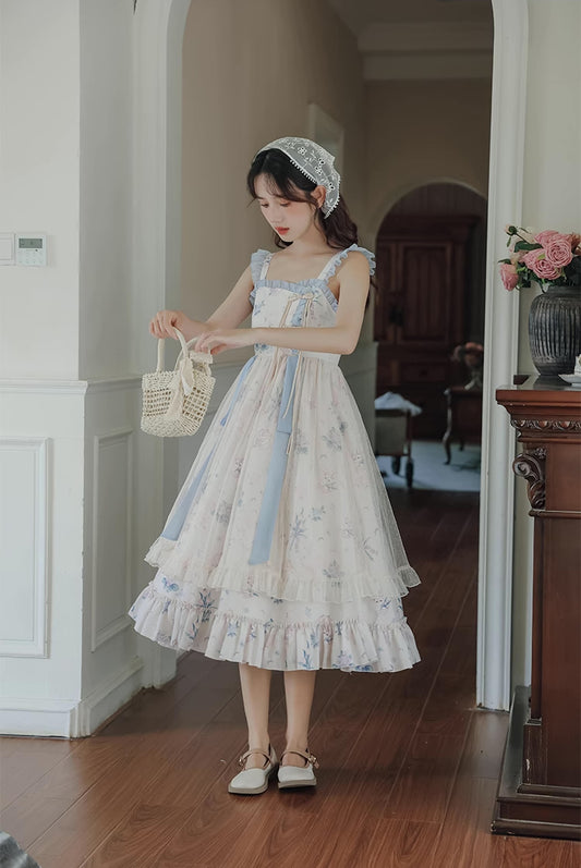 Flutter Cami Tiered Midi Dress (White/Blue)