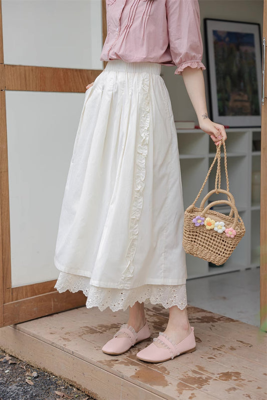 Ruffled Broderie Midi Skirt (White)