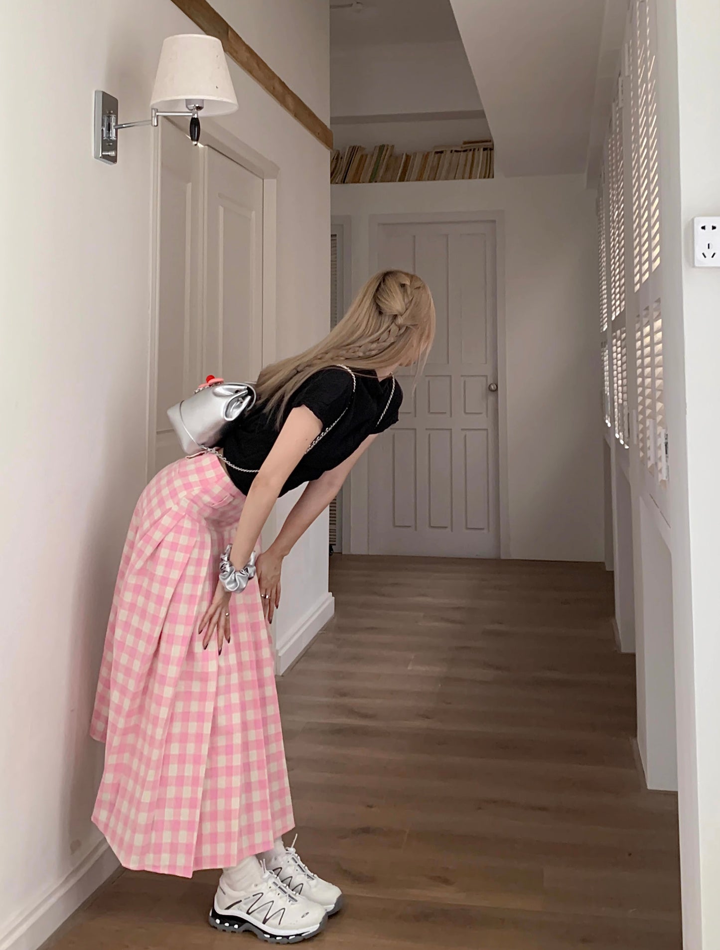 Gingham Pleated Midi Skirt (Pink)