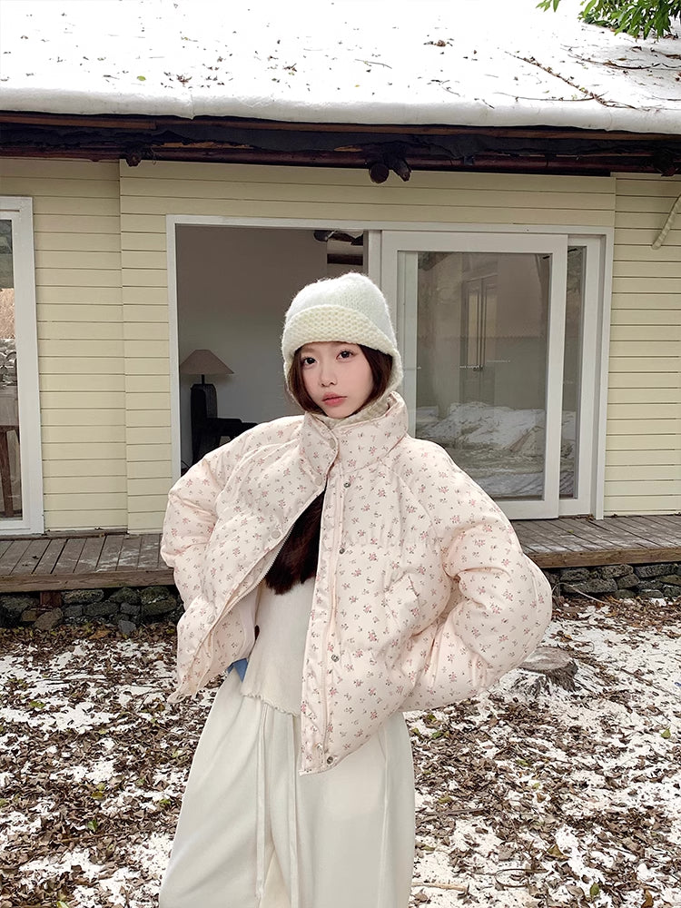 Ditsy Floral Puffer Jacket (Cream/Pink)