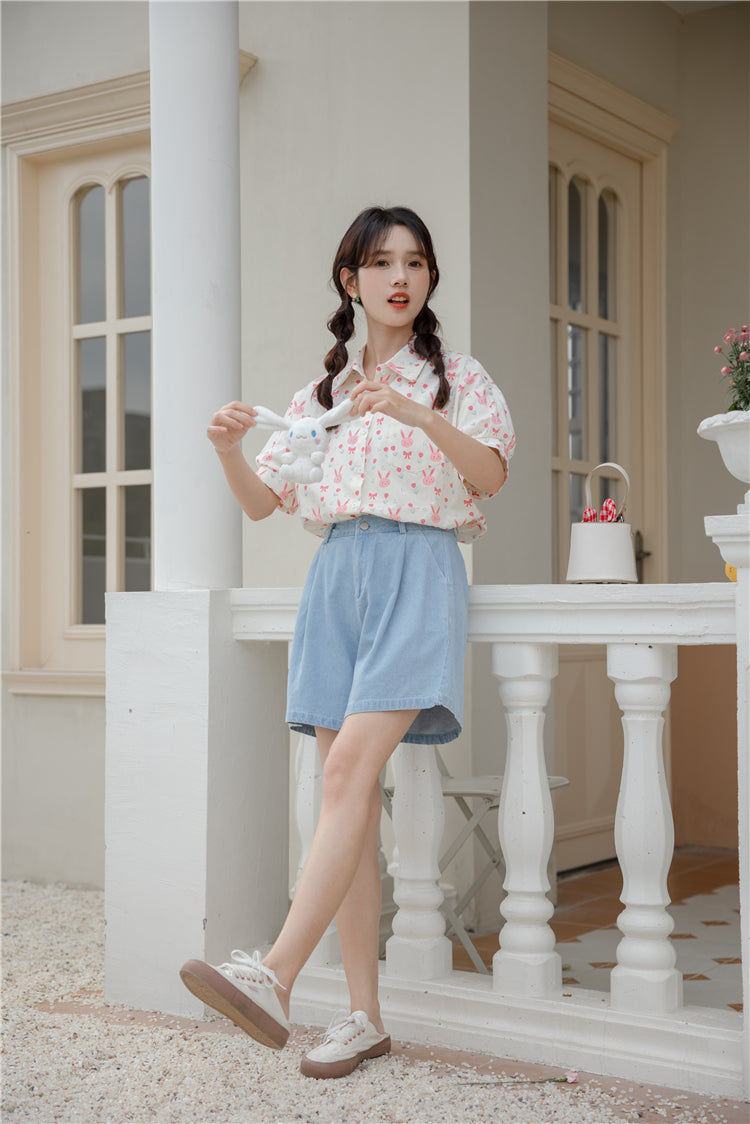 Pink Bunny Cropped Button Up Shirt (White)