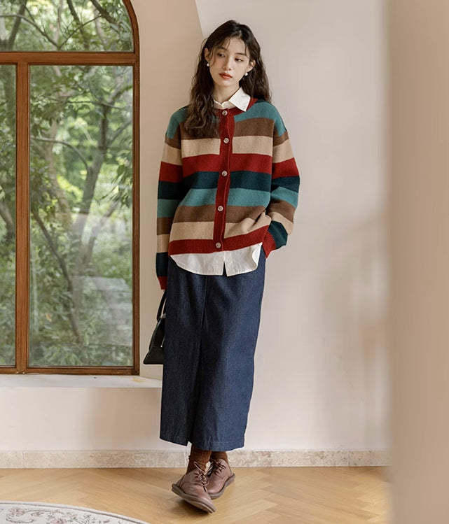 Cozy Stripe Cardigan (Maroon/Teal)