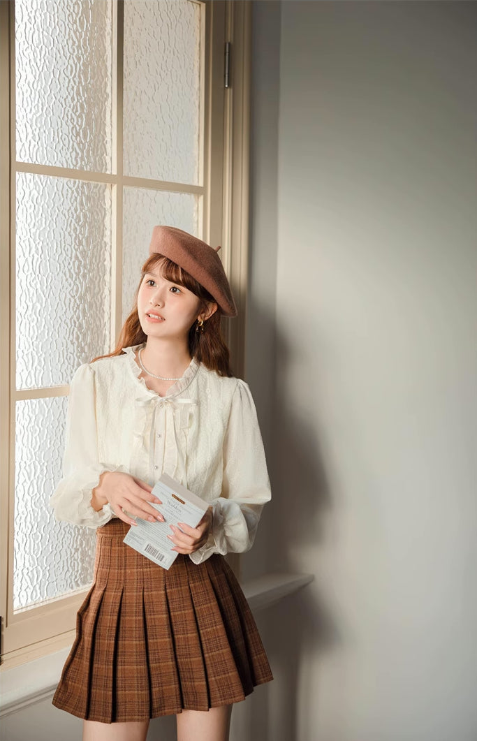 Ruffle Trim Tie Neck Blouse (Cream)