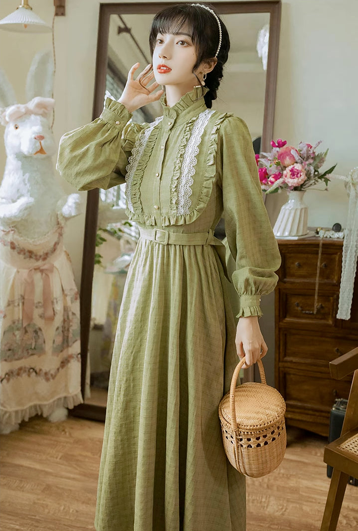 Sophie Ruffle Plaid Midi Dress (Olive)