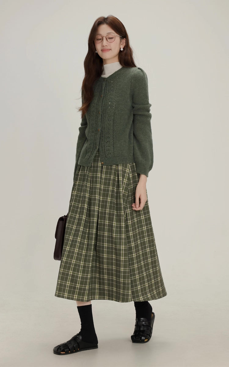 Evergreen Plaid Midi Skirt (Green)
