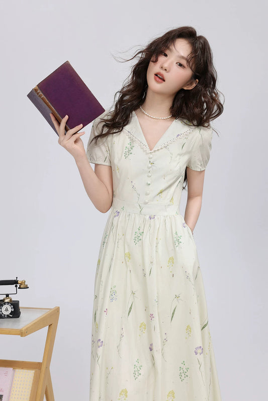 Dried Flowers Midi Shirt Dress (Cream)