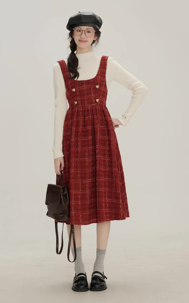 Sweet Apple Pie Plaid Pinafore Dress (Red)
