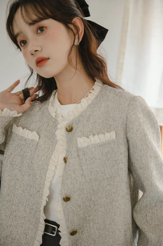 Lace Trim Tweed Jacket (Light Gray)