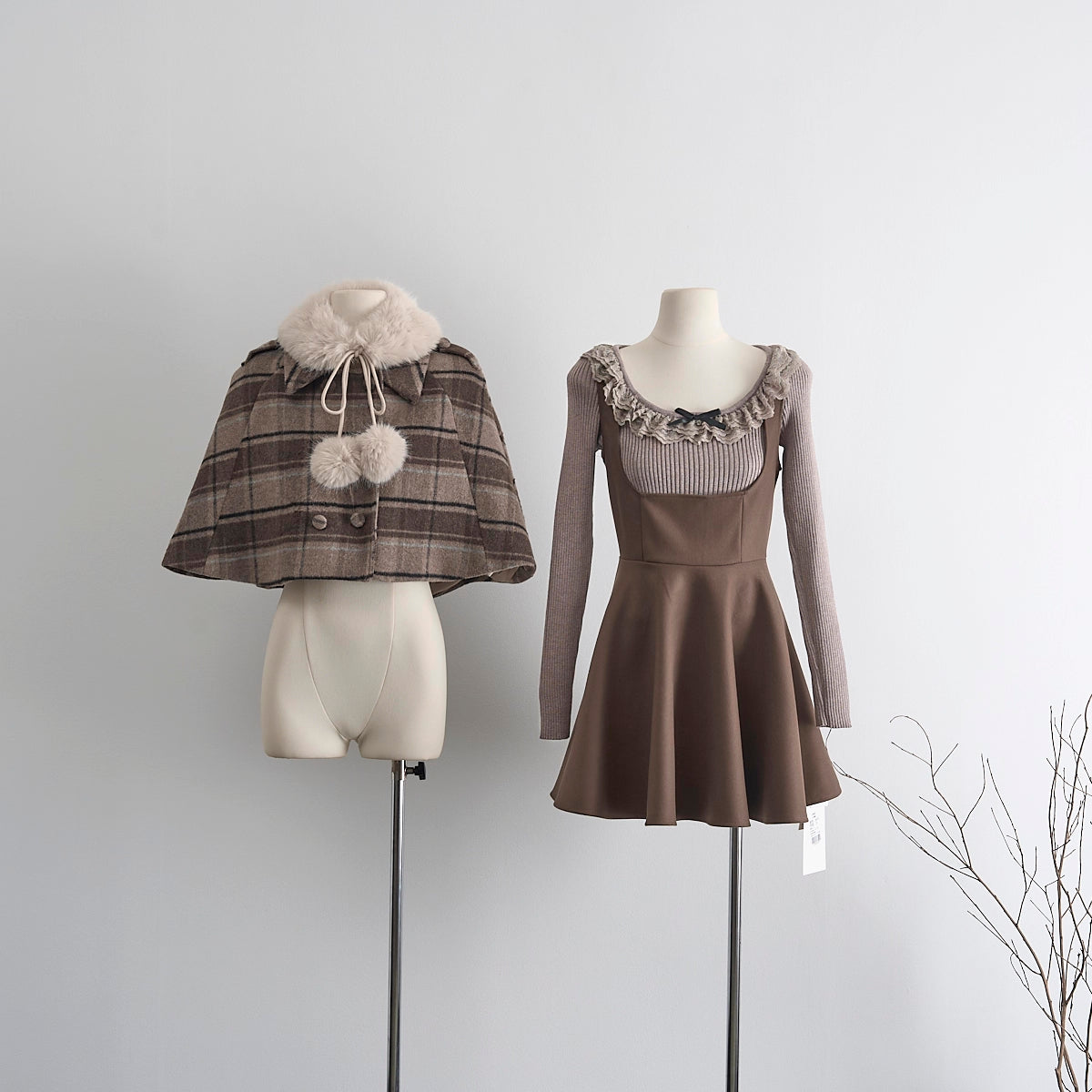 Mint Cocoa Plaid Capelet & Dress Set (Khaki)
