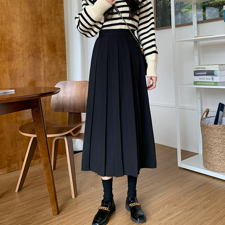 Woven Pleated Midi Skirt (2 Colors)