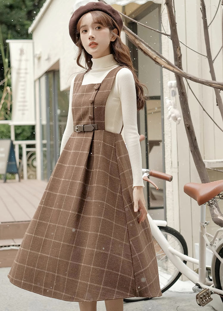 Belted Plaid Pinafore Dress (3 Colors)