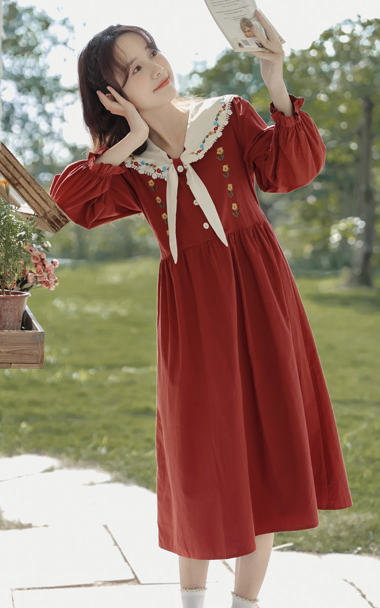 Floral Embroidered Sailor Midi Dress (Red)