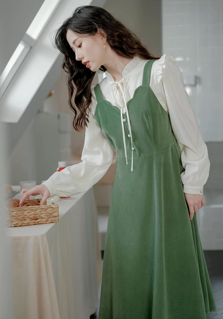 Corduroy Scallop Cami Midi Dress (Pistachio Green)