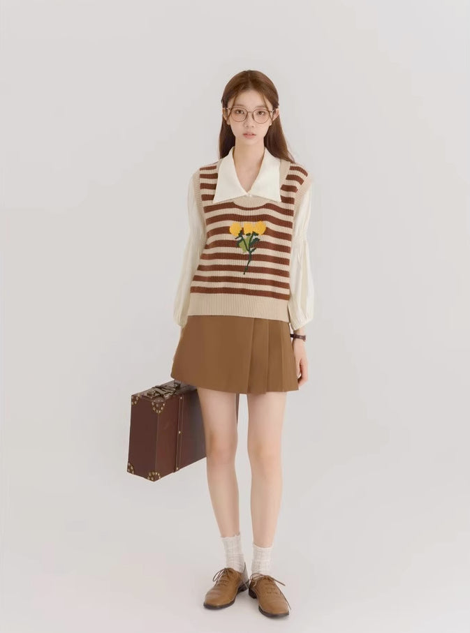 Half Pleated Mini Skirt (Brown)