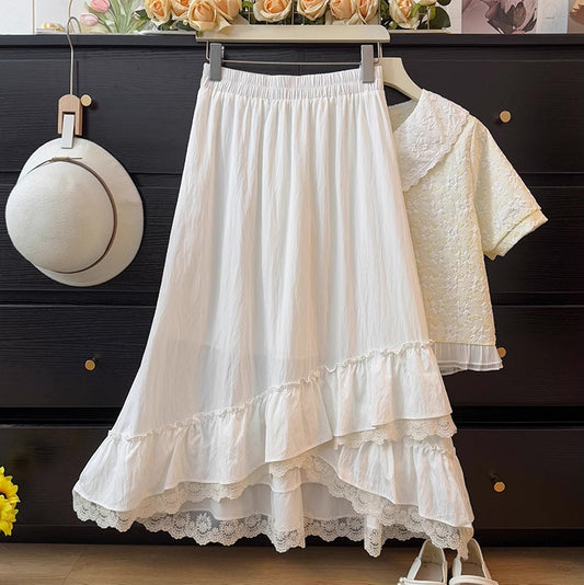 Asymmetrical Lace Hem Midi Skirt (5 Colors)