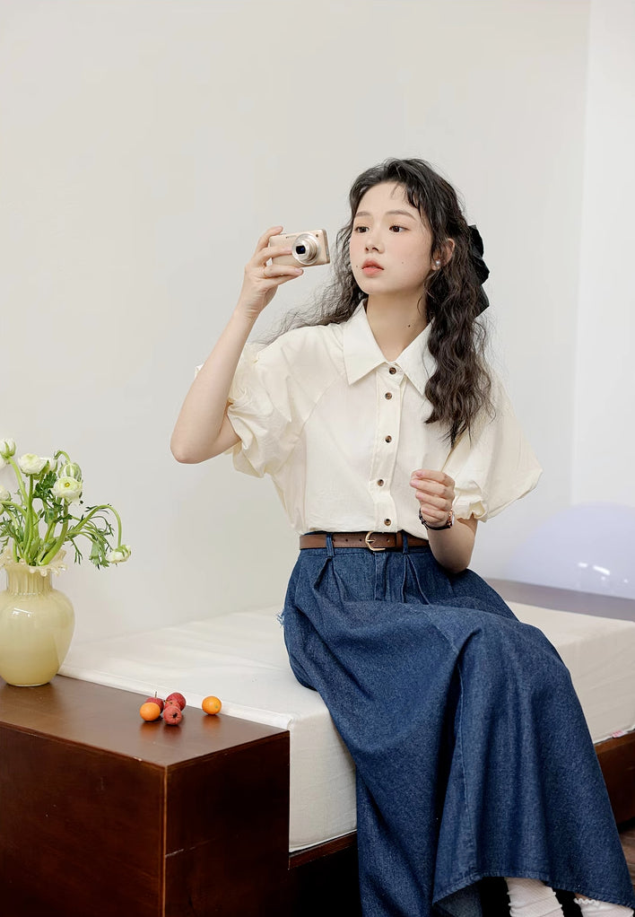Pleated Denim Midi Skirt (3 Colors)