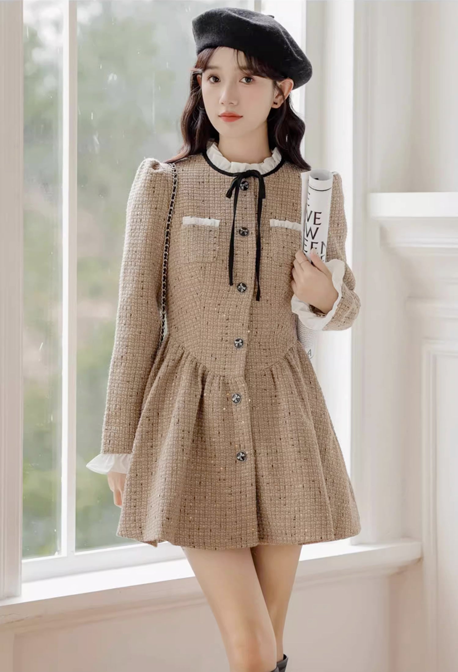 Latte Tweed Mini Dress (Khaki) L Latte Tweed Mini Dress (Khaki) L