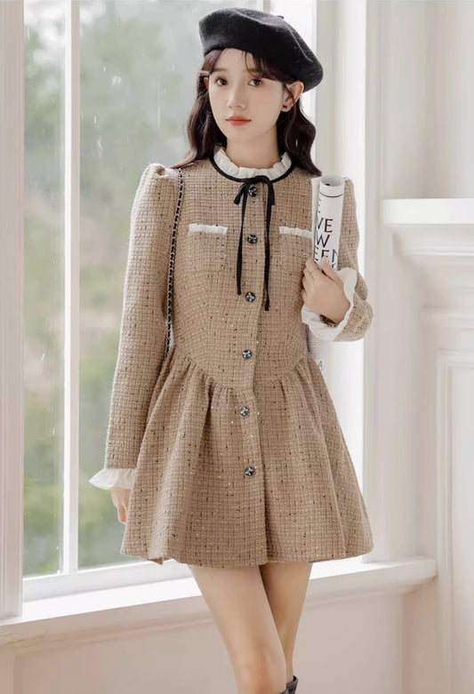Latte Tweed Mini Dress (Khaki)