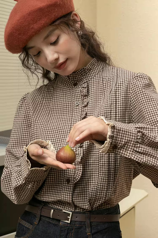 Gingham Plaid Ruffle Blouse (Coffee)