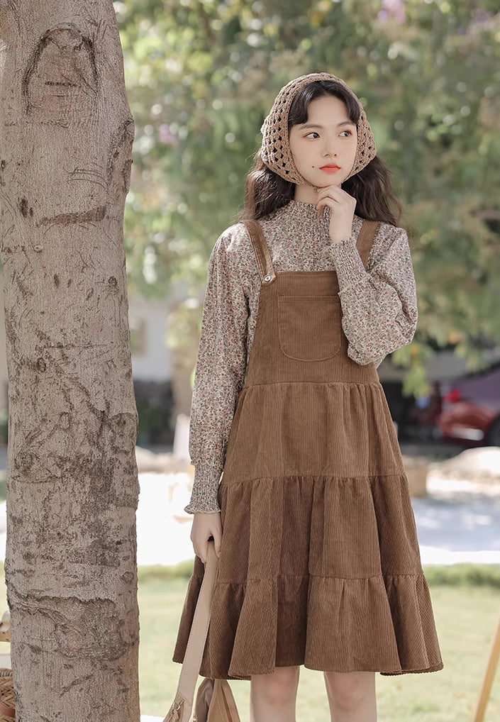 Tiered Corduroy Pinafore Dress & Blouse (Brown)