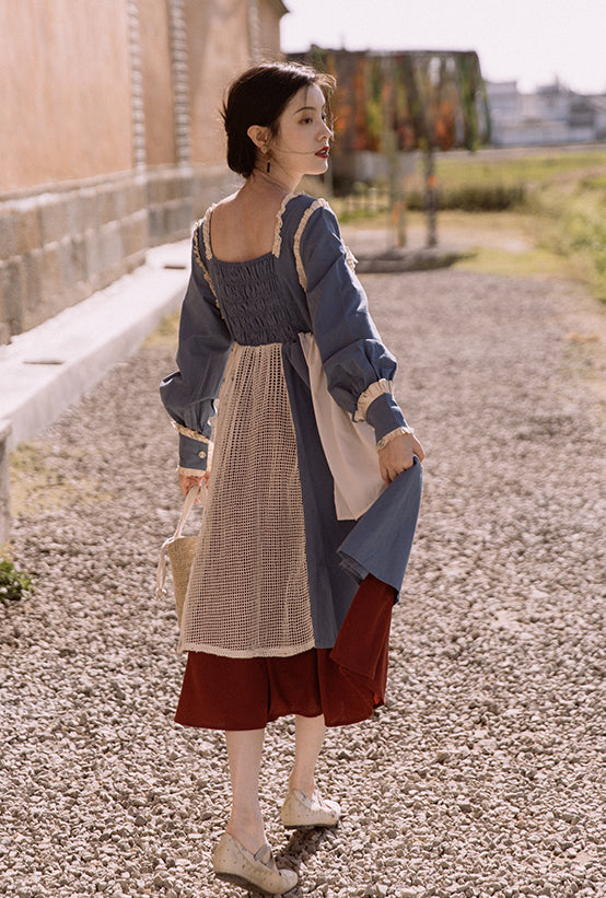 Patchwork Maiden Dress (Blue/White)