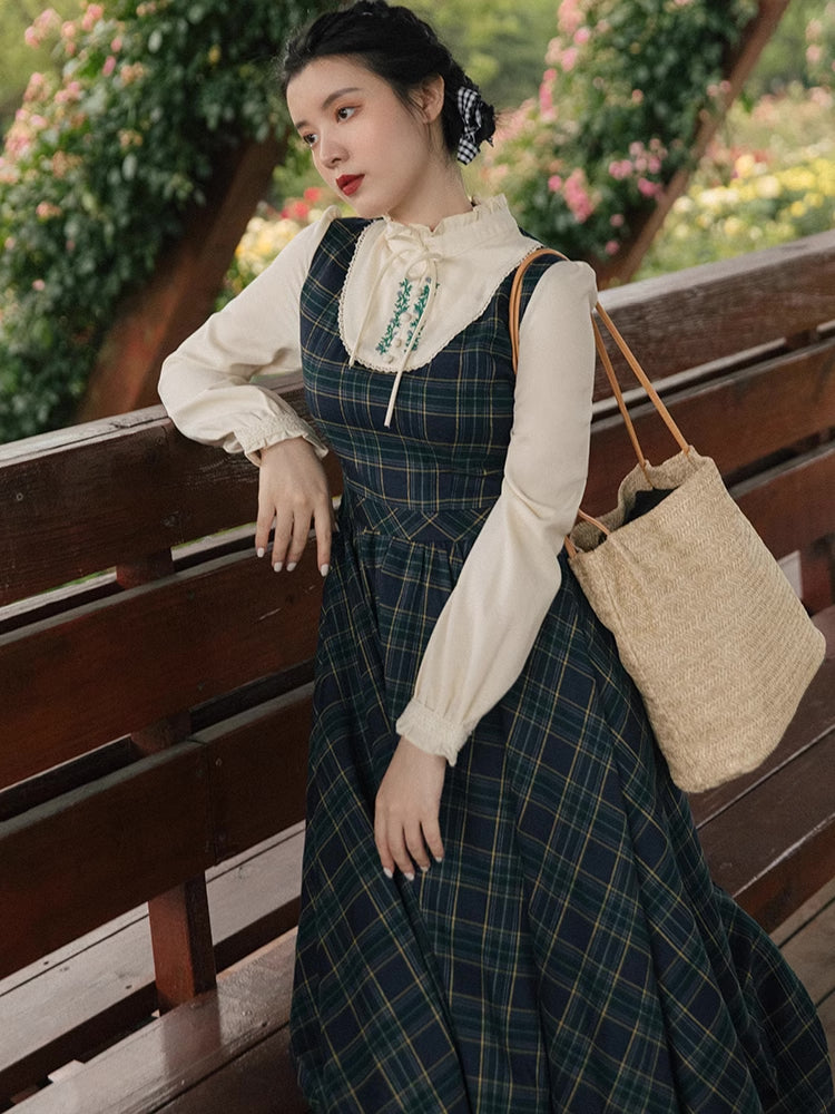 Pine Plaid Twofer Midi Dress (Teal/White)
