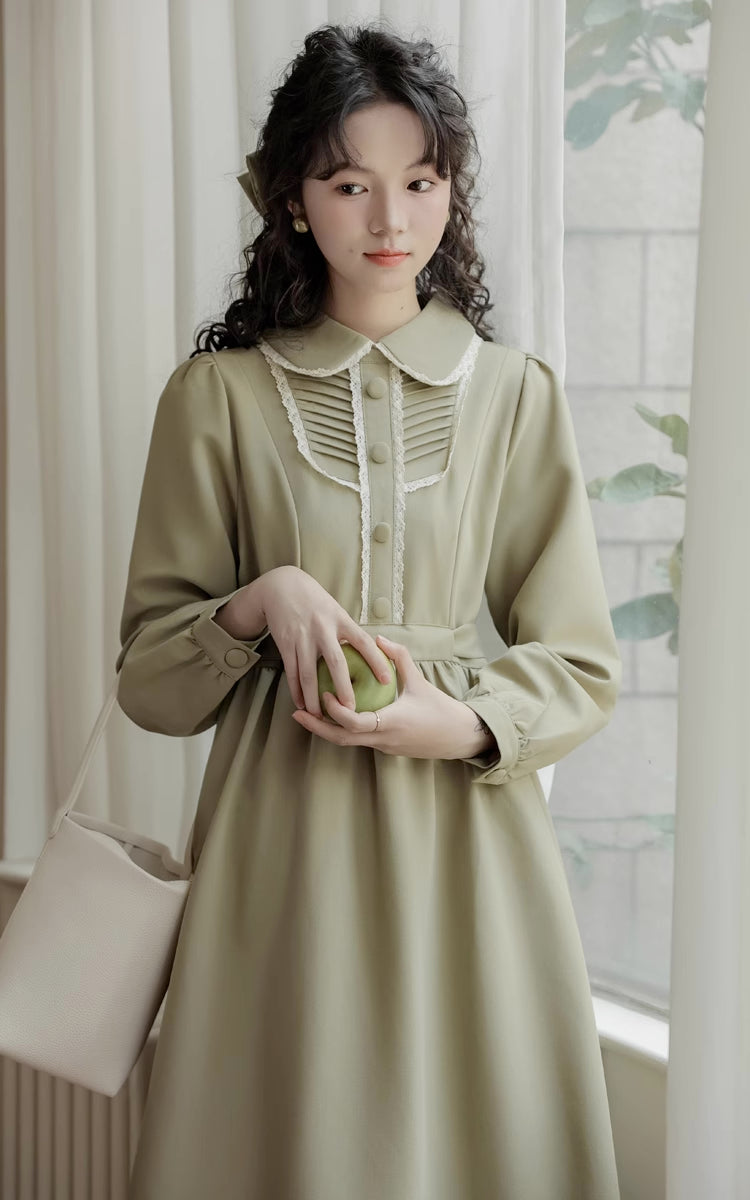 Sunday Tea Long Sleeve Midi Dress (Olive)