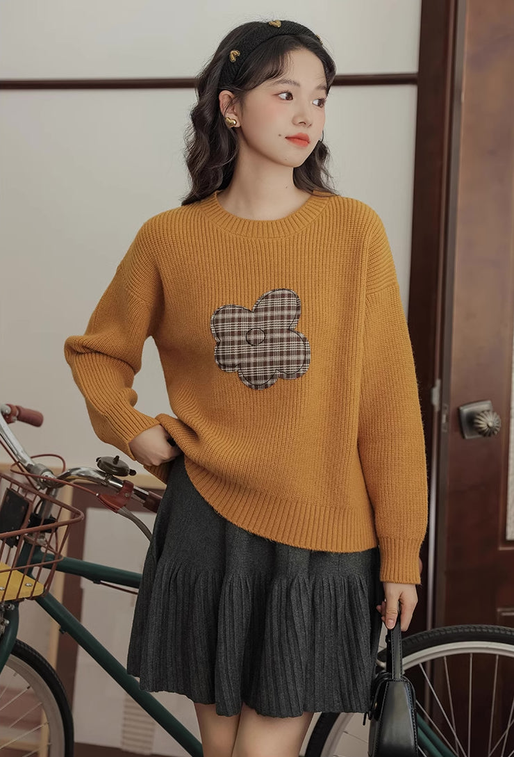 Plaid Flower Sweater (Mustard)