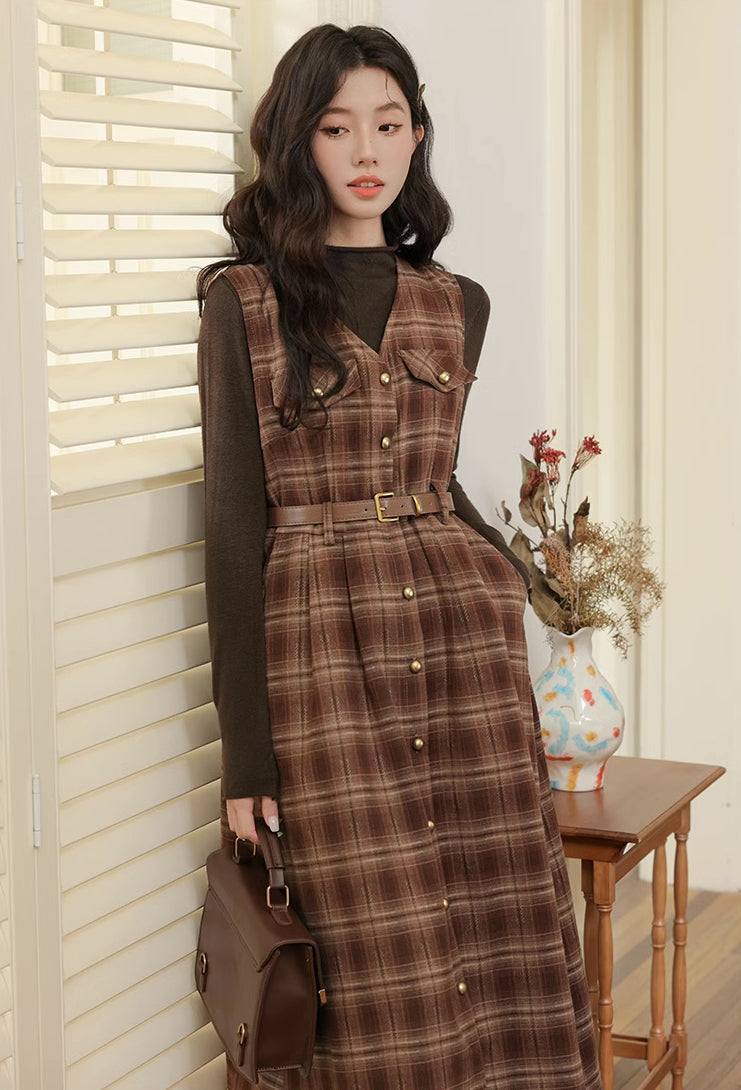 Ginger Plaid Pinafore Midi Dress (2 Colors)